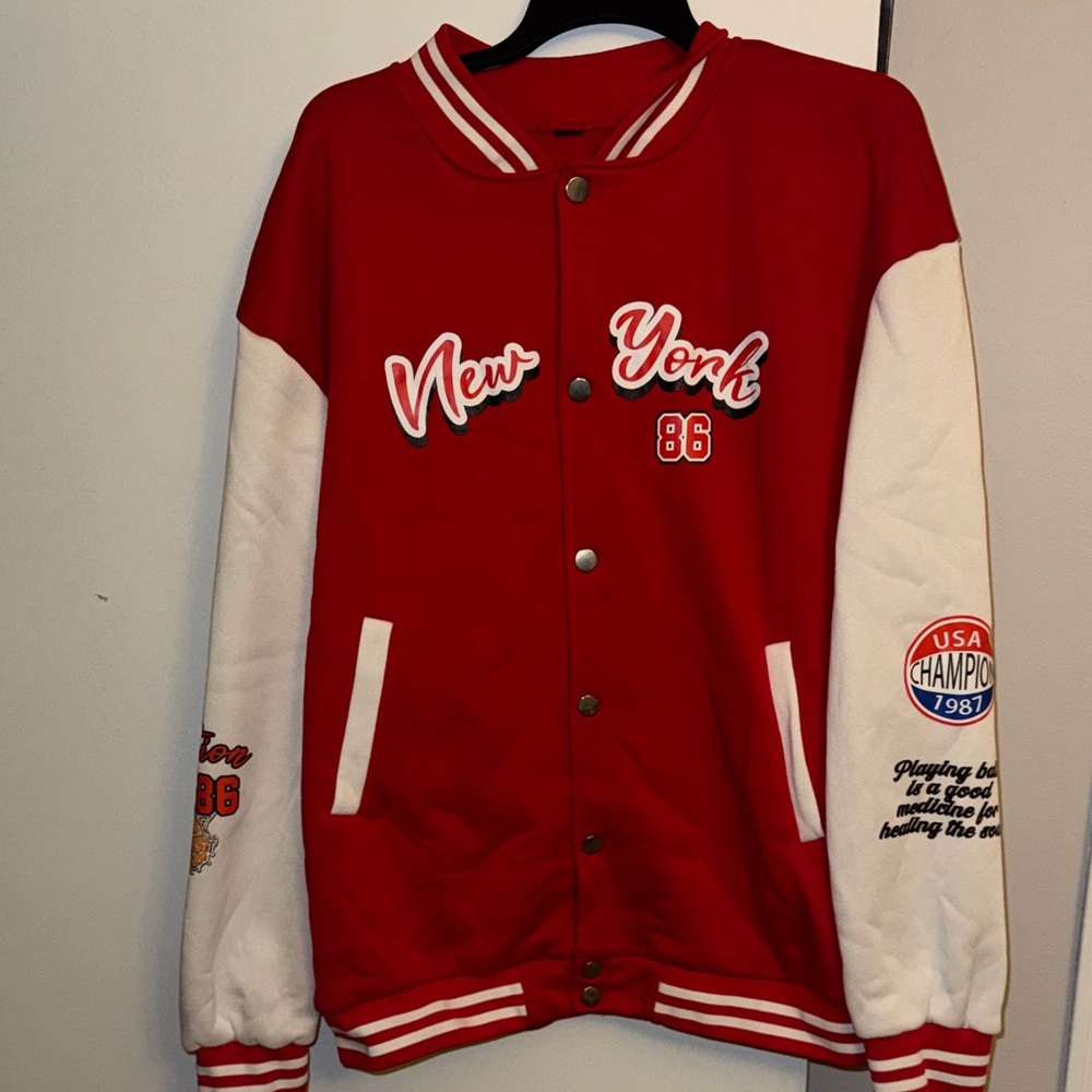 SHEIN Red and White Varsity Jacket